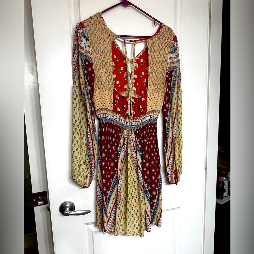 Vintage Boho Sundress with front and back cutout, elastic waist and button wrist